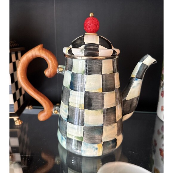 Vintage MACKENZIE CHILDS COURTLY CHECK COFFEE POT & LID ENAMELWARE Large Tea Pot - Picture 6 of 9